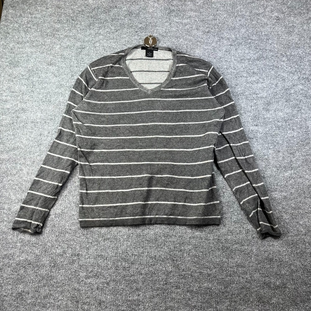 Calvin Klein Jeans Sweater Men's Gray Striped V-Neck Long Sleeve Pullover Medium